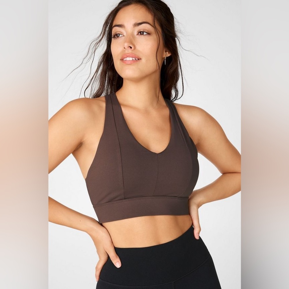 *Fabletics* Brown V-Neck Medium Impact Racerback … - image 1